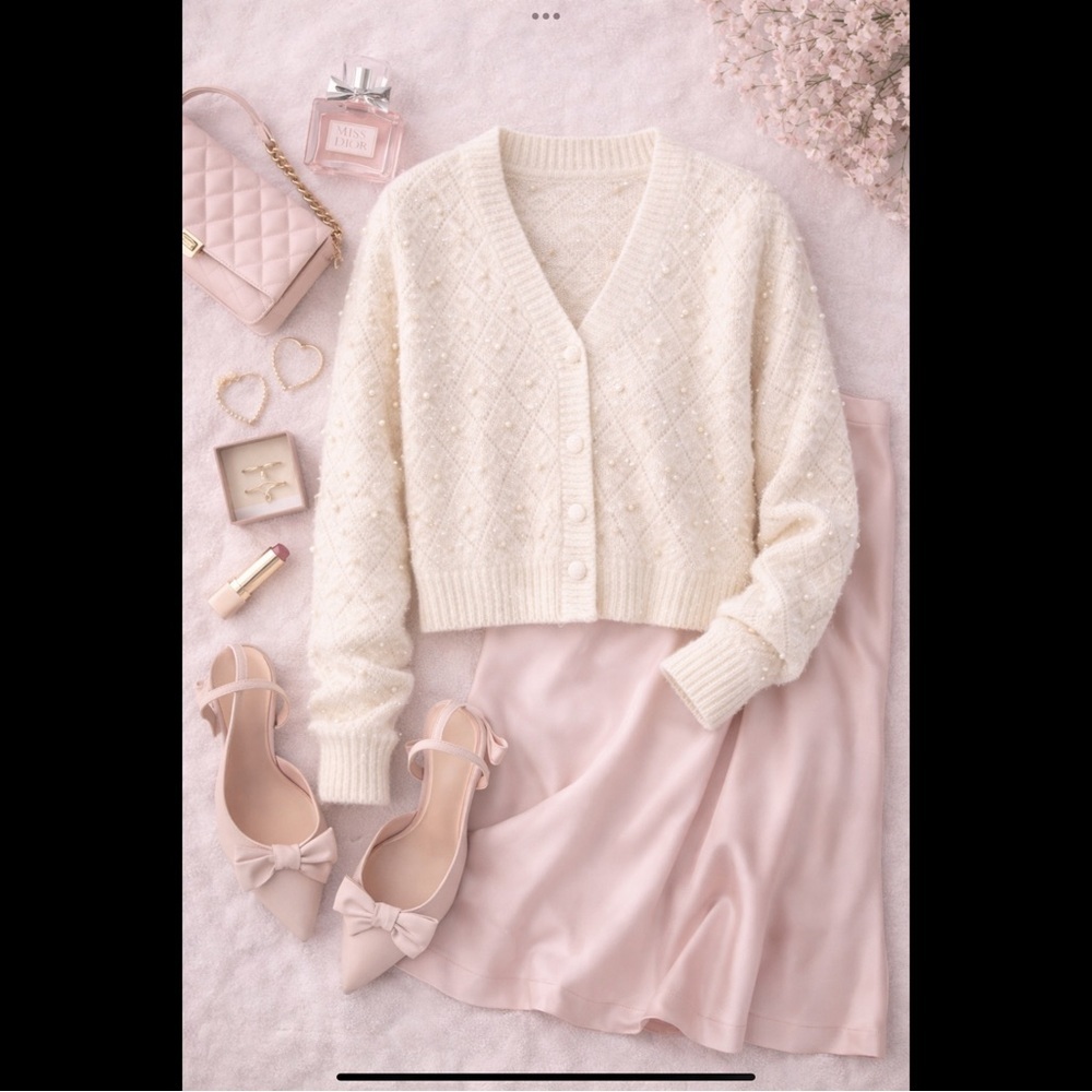Coquette Pearl Cardigan Cream Diamond Knit Button Front Debut Sweater